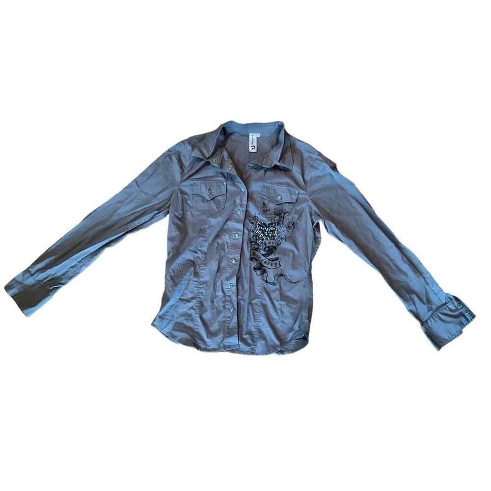 Pepe Jeans Button-Up Shirt Womens Size L Gray Graphic Long Sleeve Cotton Stretch